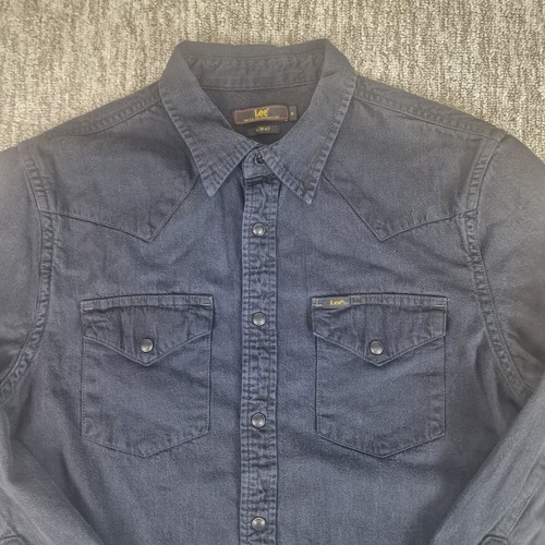 LEE Western Mens Slim Fit Navy Blue Size Medium Pearl Snap Cowboy Pocket Shirt - Picture 2 of 20