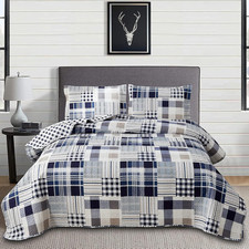 Blue White Brown Plaid Quilt Set King Size Reversible Patchwork Bedspread Lightw