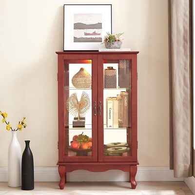 2-Doors Lighted Display Cabinet w/Adjustable Shelves, 3-Tier Bookcase Case