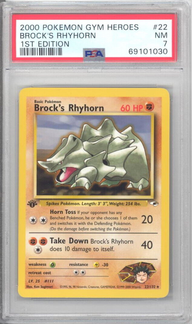 PSA 7 - Pokemon Card -Gym Heroes 22/132 -BROCK'S RHYHORN (rare) *1st Edition* NM