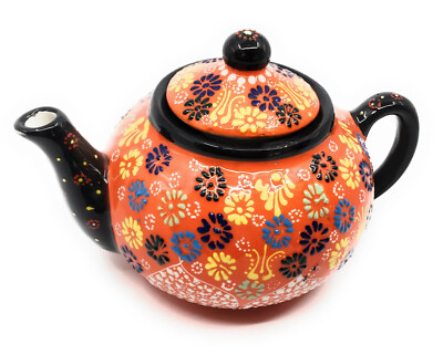 Handmade Traditional Turkish Pottery Decorative Teapot Tea for Two (Orange)