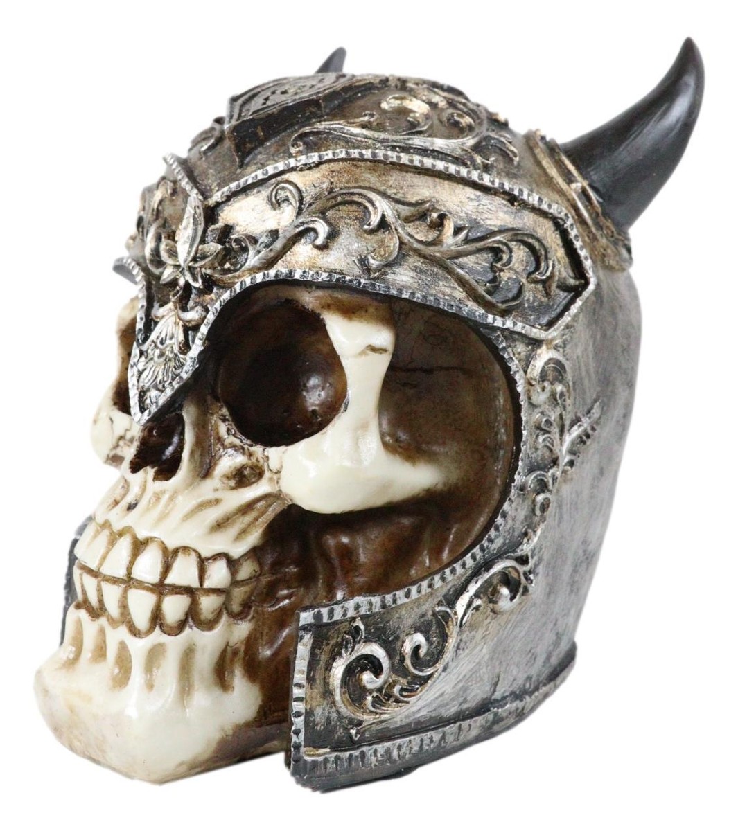 Viking Chieftain Warlord Odin Skull Figurine With Bull Horned
