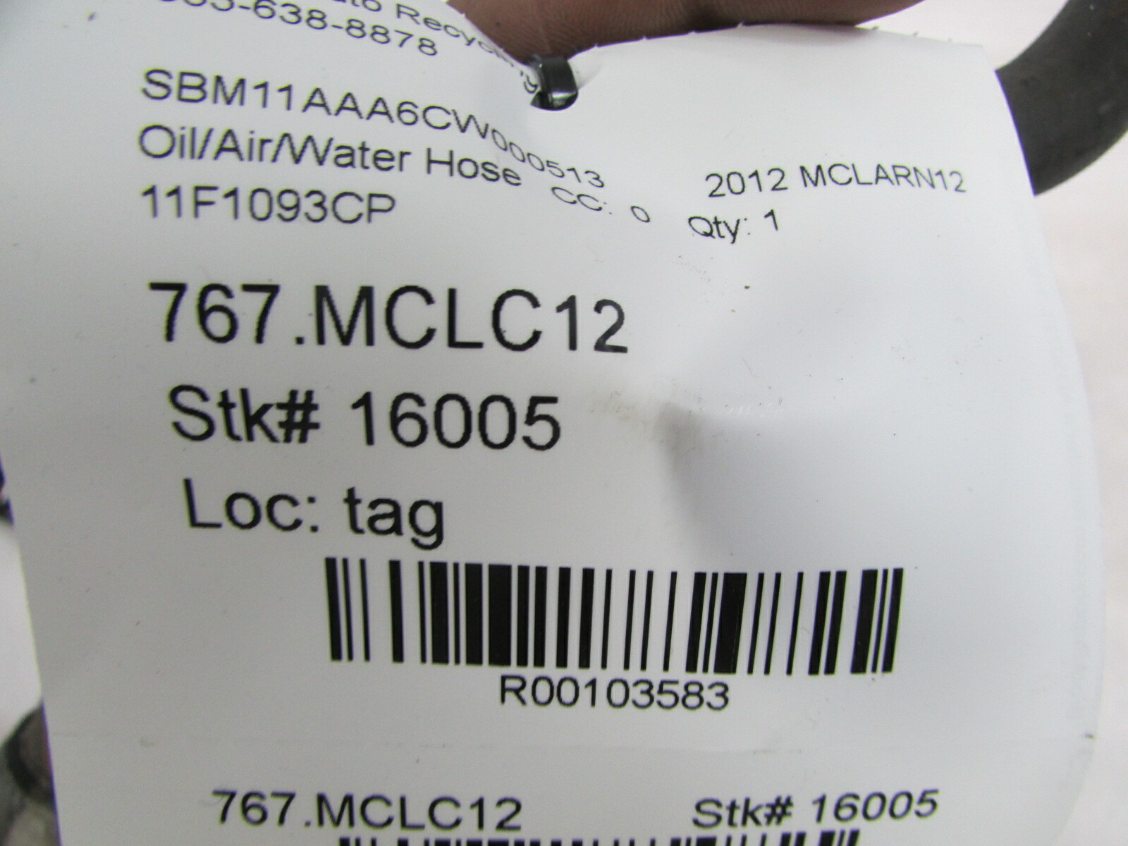 Mclaren MP4-12C, Air Hose, Used, P/N 11F1093CP