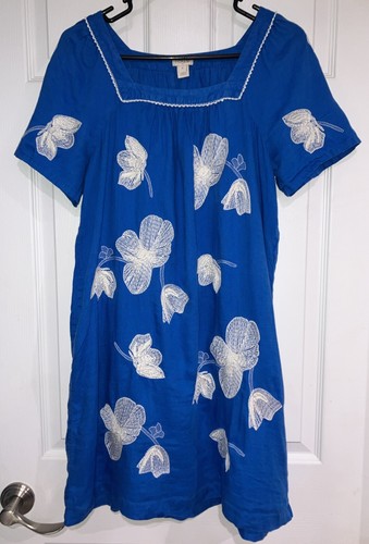 J. Crew Women’s Medium 100% Linen Embroidered Peasant Dress - Royal Blue & White