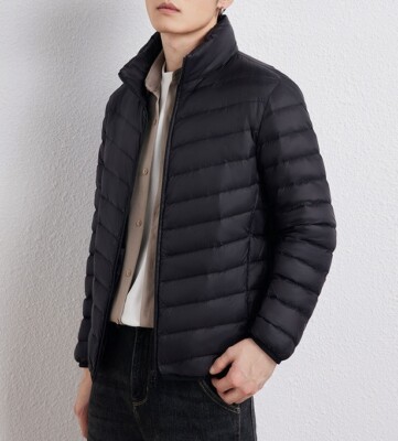 Men Puffer Jacket Down Coat Solid Stand Collar Thin Leisure Top