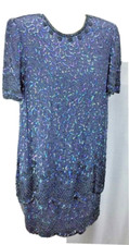 SEQUINED EVENING COCKTAIL DRESS SILK BEADED WOMENS SIZE S GRAY BY BRILLIANTE