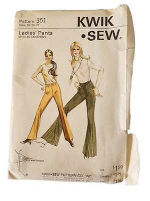 Kwik Sew 1970's Bell Bottom Pants Womens Sewing Pattern