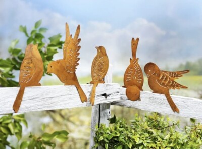 5 ZAUNDEKO Vögel Metall Rost Optik Garten Deko Stecker Vogel, Tiere
