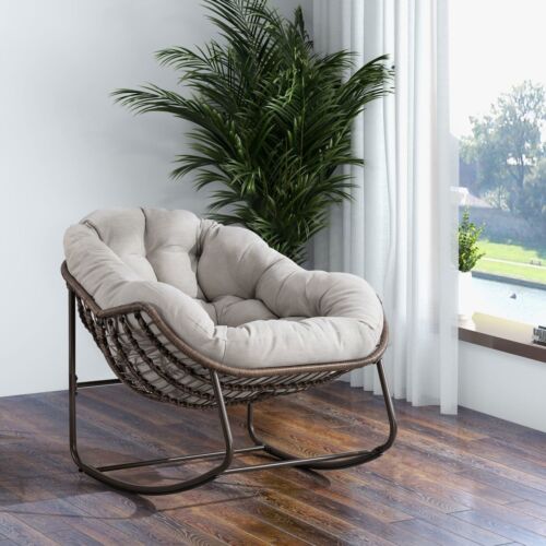 Outdoor Beige Rattan Padded Cushion Rocking Recliner Chair Front Porch Patio