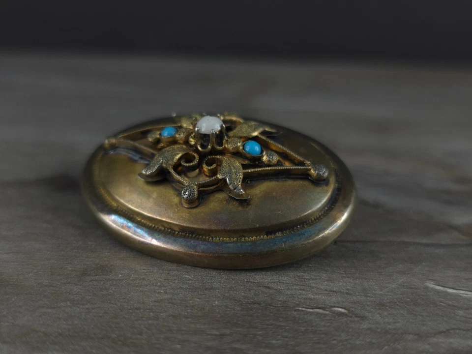 Brosche vergoldet Achat Türkis antik floral - nostalgisch schön & zeitlos - Bild 2 von 4