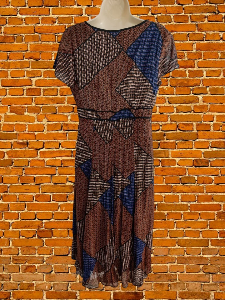 PER UNA M&S SIZE UK 12 BROWN DRESS PATCHWORK PRINT FIT FLARE SHORT SLEEVE WOMENS - Image 3 of 4