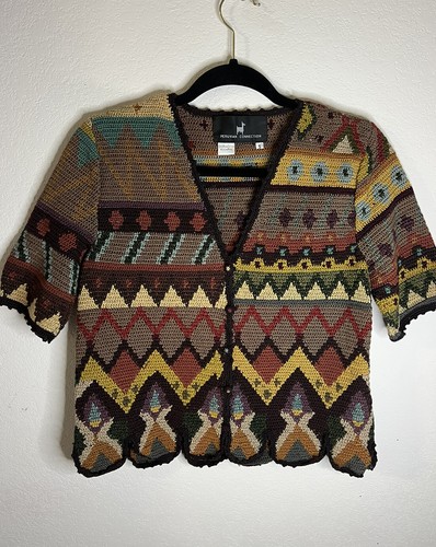 Peruvian Connection Women's Small Knit Sweater Cardigan Pima Cotton Art Tribal - Afbeelding 1 van 12