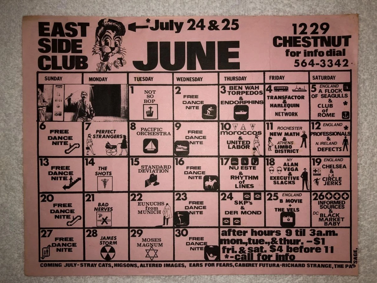 EAST SIDE CLUB (PA) June 1982 Calendar Flyer 8x11 circle jerks kbd hardcore punk | eBay east-side-club-pa-june-1982-calendar-flyer-8x11-circle-jerks-kbd-hardcore-punk-ebay
