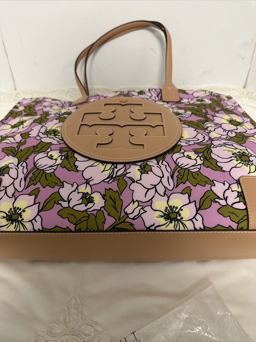 Tory Burch Ella Aster Pink Flower Nylon Leather Large Tote