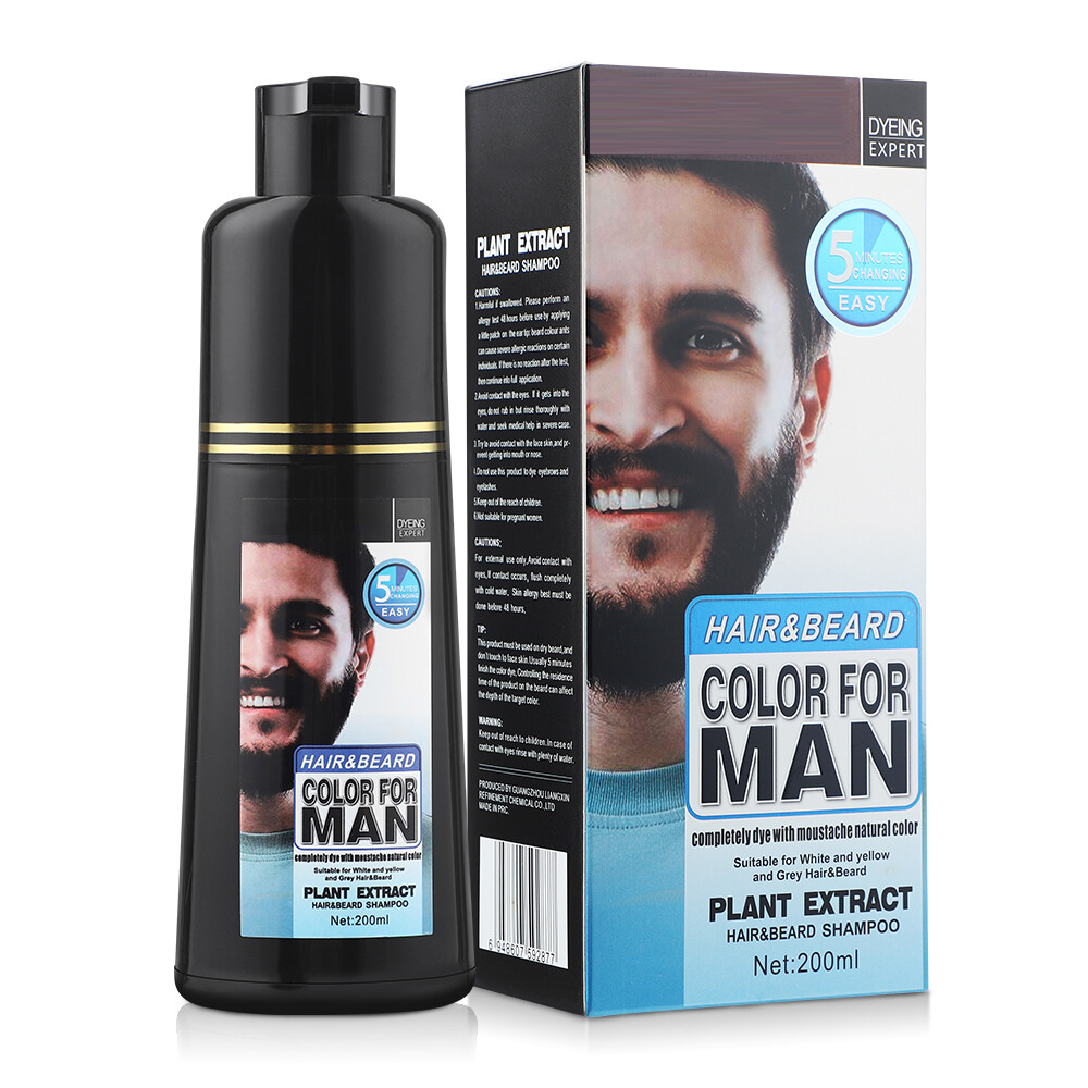 Men 2 in 1 Beard Mustache Natural Hair Color Shampoo Permanent Black Dye 200ML