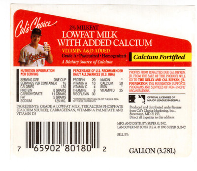 1993 SUPER-G CAL RIPKEN JR. CAL'S CHOICE MILK LABEL