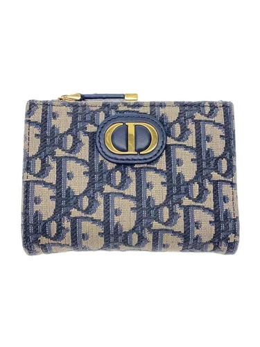 Christian Dior 30Montaigne Portefeuille Bifold Toile Marine Femme Légèrement Rayé