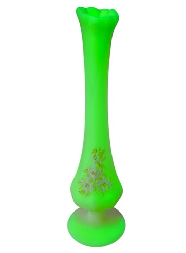 Fenton Art Glass Hand Painted White Daisies Uranium Custard Bud Vase