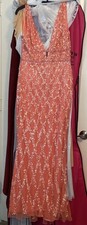 MAC DUGGAL Dress Size 4 Coral Pink Sequined Plunge Neck Sleeveless Column Gown
