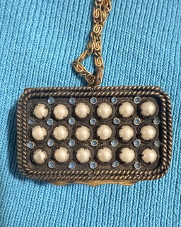 Antique Compact On Chain Gold Tone with Seed Pearls