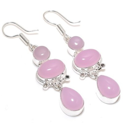 Pink Rose Quartz Gemstone Handmade 925 Sterling Silver Jewelry Earring Size 2.5''