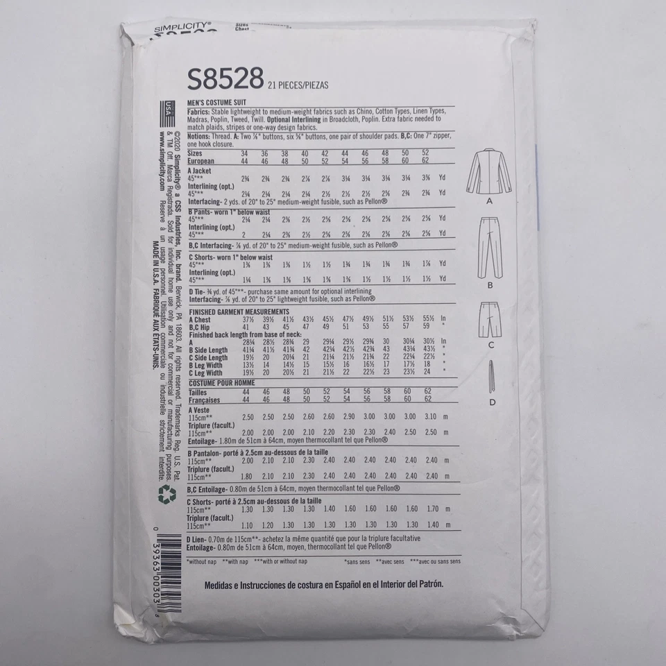 Simplicity Sewing Pattern S8528 Mens Suit Size 44-52 Uncut - Image 2 of 4