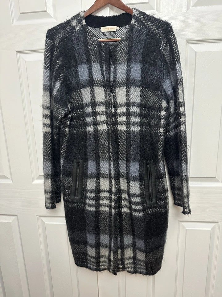 Chaqueta Larga Suéter Abrigo Tory Burch Mezcla Mohair Cuadros L Cuero Borde Bolsillos LG Foto 4 de 4