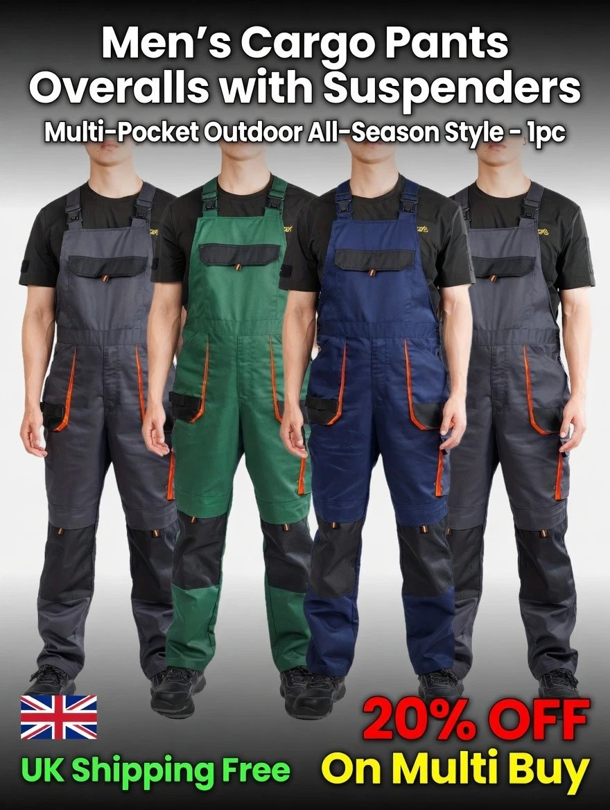 Men’s Cargo Pants Overalls with Suspenders Multi-Pocket Outdoor Workwear 1pc UK