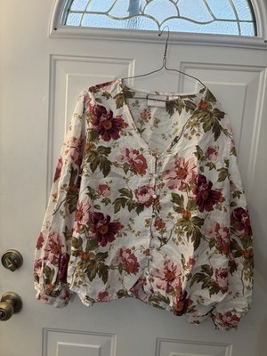 Vintage Laura Ashley 100% linen Cottage Floral Button Down Shirt