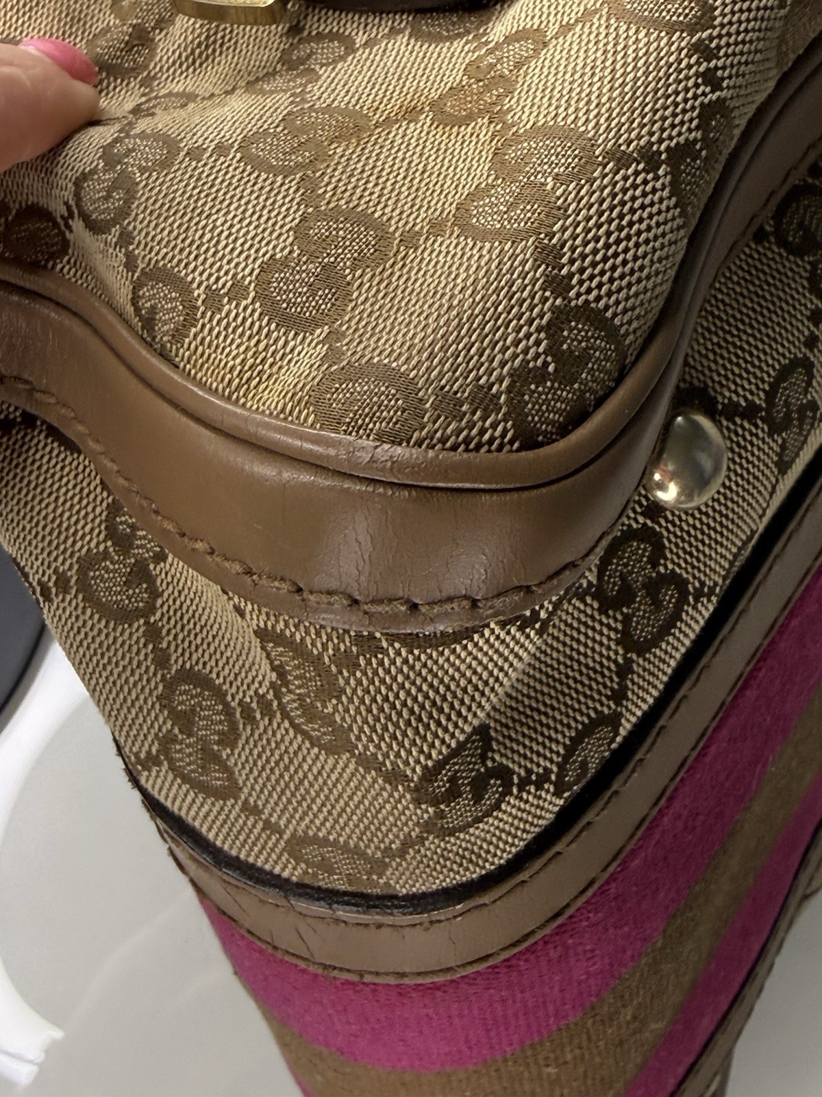 Gucci Vintage GG Canvas Joy Small Boston Bag with Pink and Brown Web Stripe image 9