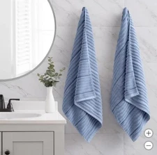 Welspun Welhome Bath Towels Blue 2-Pack Bumpy Texture Rib 30" X 58" 640 GSM