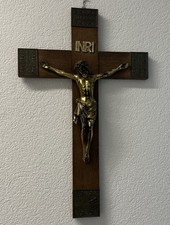 Sehr altes Kruzifix Jesus am Kreuz Haus Altar Kreuz Wandkreuz Holz/Messing INRI