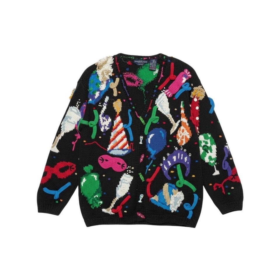 A hand-knit novelty cardigan with NYE party motifs — the kind of gloriously specific vintage piece that makes thrift hunters scream.