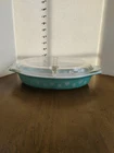 Vintage Pyrex Turquoise Snowflake 1.5 Quart Divided Casserole Dish W/ Lid