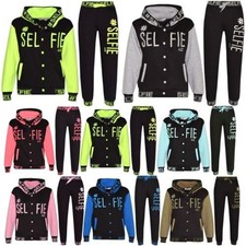 Kids Boys Girls Tracksuits Selfie Print Hooded Top Bottom Running Jogging Suits