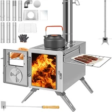 H&ZT Camping Wood Burning Stove, Hot Tent Stove With 7 Chimne Pipes & Anti-Spark