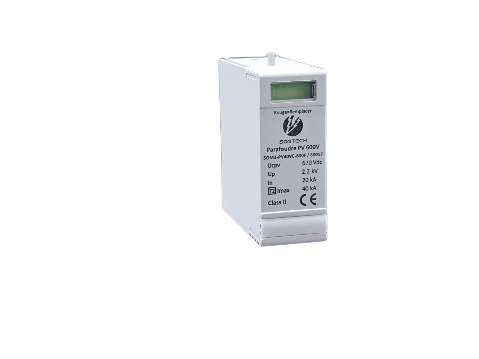 Parafoudre SOMTECH SOM2-PV40VC-600F avec protection photovoltaïque 40kA contre les surtensions