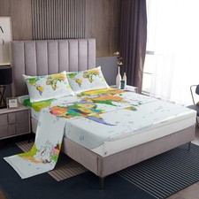 Kids World Country Sheet Set Queen Colorful Map Bed Sheets Set for Girls Boys...