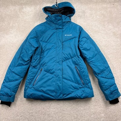 Columbia Down Parka Womens Size Large Blue Hooded Full Zip Pockets Omni Heat