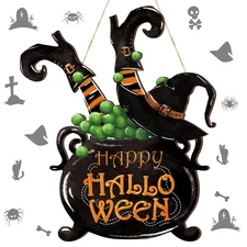 Barydat Halloween Witch Door Sign Happy Halloween Wreaths for Front Door Wood...