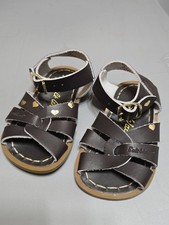 Salt Water Sandals Brown Leather Gold Hearts Baby Infant 4 Excellent Shoes