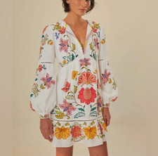 Farm Rio Off-White Floral Insects Mini Dress Linen Blend Statement Sleeve, Small