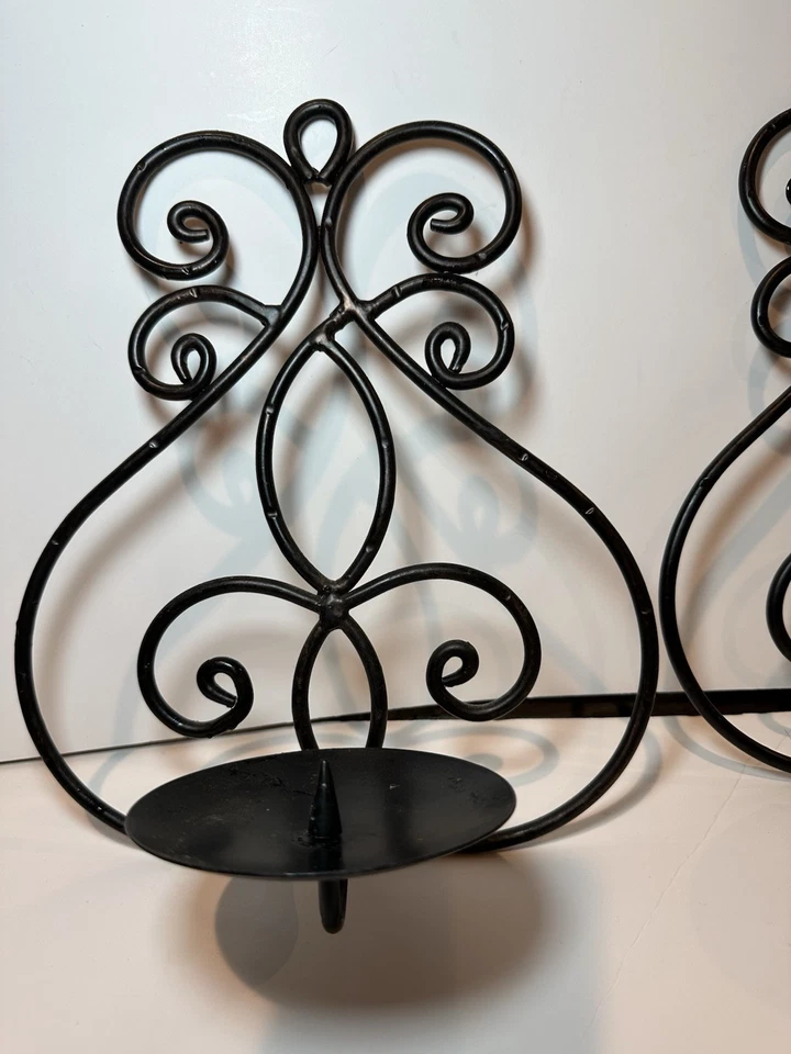 Pair of Rustic Scroll Ornate Metal Wall Mounted Candle Sconces - Image 2 of 4