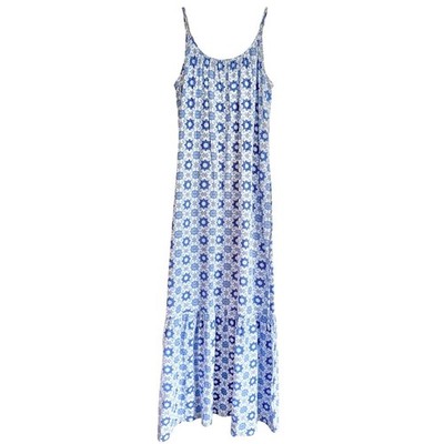 LOFT Linen Maxi Dress Tiled Strappy Flounce Mediterranean Vacation Travel