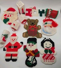 Vintage Christmas Plastic Canvas Needlepoint Ornaments Lot of 12 Holiday Decor