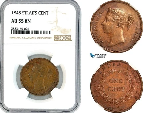 AL210, Straits Settlements, Victoria, 1 Cent 1845, Calcutta Mint, NGC AU55BN
