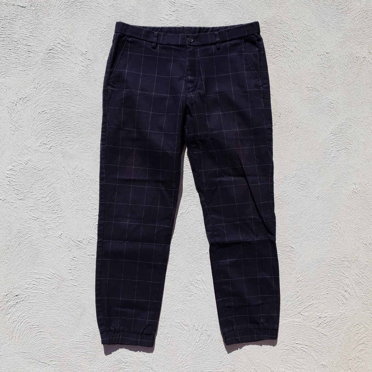 Uniqlo Plaid Windowpane Pants Size L 33 36 Mens Blue Dark Navy