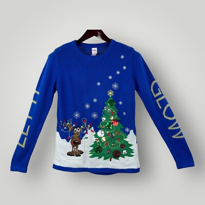 Holiday Time Light Up Christmas Sweater Womens Small Reindeer Tree Blue Knit