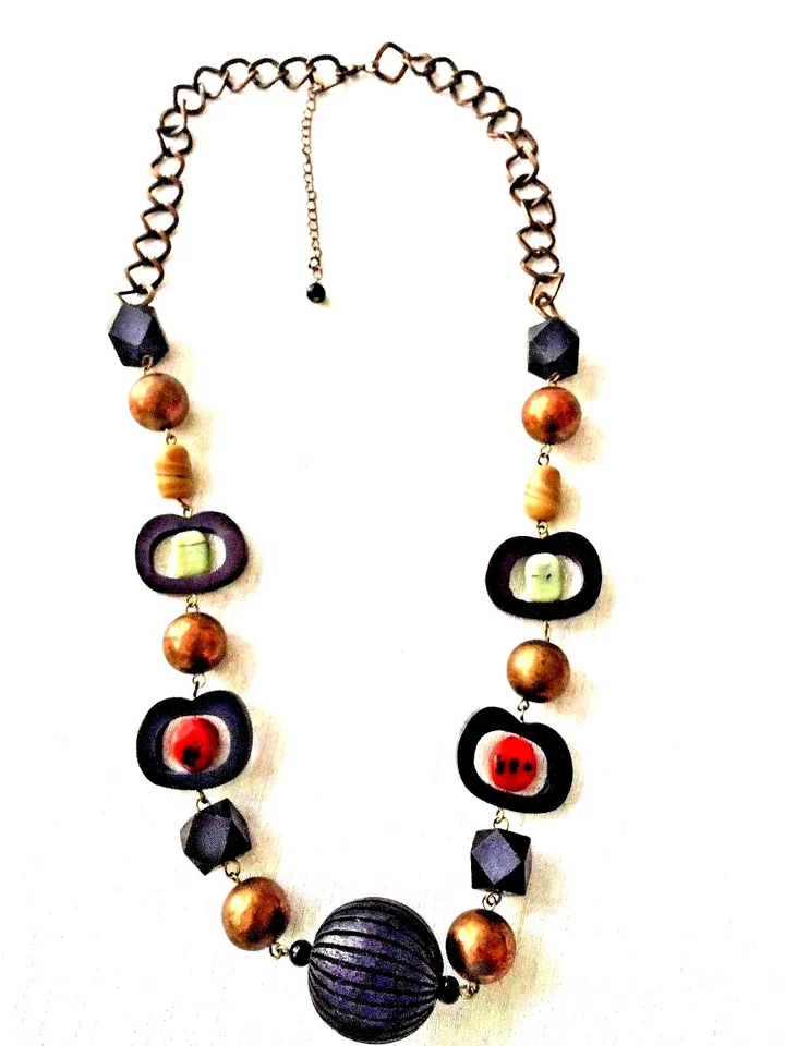 Handcrafted Necklace Chunky Bohemian Wood and Multi Colored Gemstone Beads - Image 2 of 4