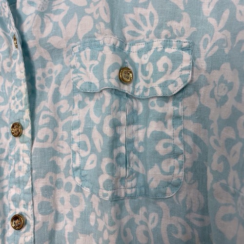 Charter Club Leinenhemd Damen 3x Knopfleiste 3/4 Arm Blumen Aqua Blau Weiß - Bild 6 von 14